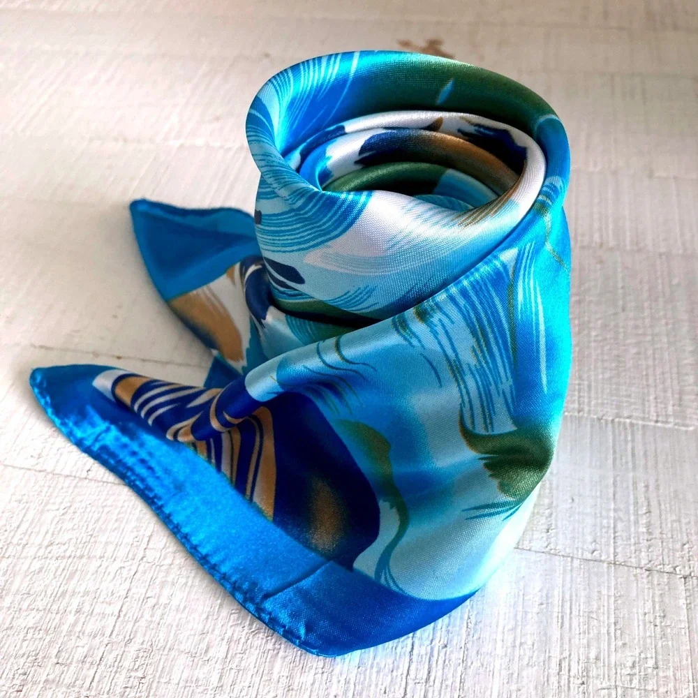 Oversized Square Blue Floral Satin Scarf Head Neck Hair boho Tropical Wrap 💖